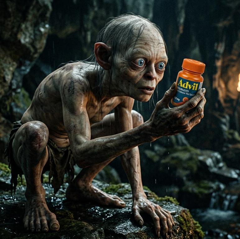 Gollum from The Lord of the Rings, gaunt and gray-skinned, crouched on mossy rock in a dark cave, cradling and gazing longingly at a bottle of Advil the way he covets the One Ring.
