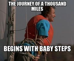 A meme from the movie What About Bob?: Bill Murray in an orange life vest, lashed to the mast of a sailboat with rope, captioned above 'The journey of a thousand miles' and below 'begins with baby steps.'