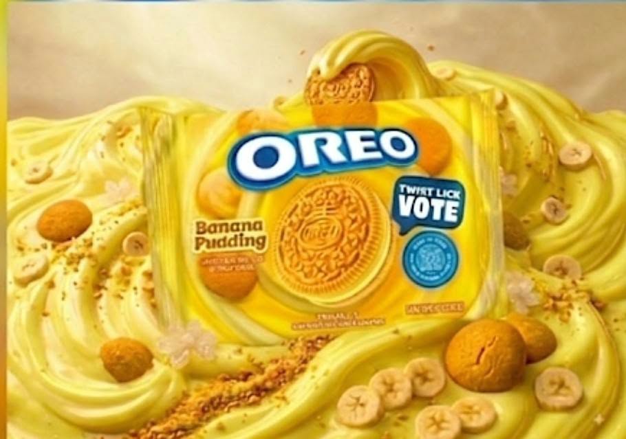 A yellow Oreo package labeled 'Banana Pudding' with a 'Twist Lick Vote' badge, sitting in swirls of yellow pudding surrounded by vanilla wafers, banana slices, and cookie crumbs.