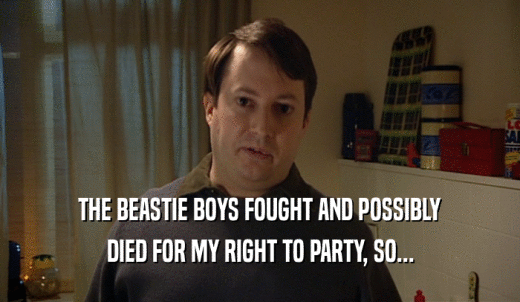 A deadpan man standing in a dim kitchen, captioned: 'THE BEASTIE BOYS FOUGHT AND POSSIBLY DIED FOR MY RIGHT TO PARTY, SO...'