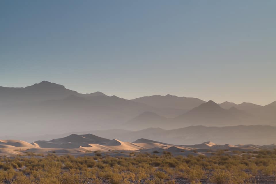 Sand dunes at dawn with desert scrub in the foreground and layered mountains fading into soft sunrise haze.
