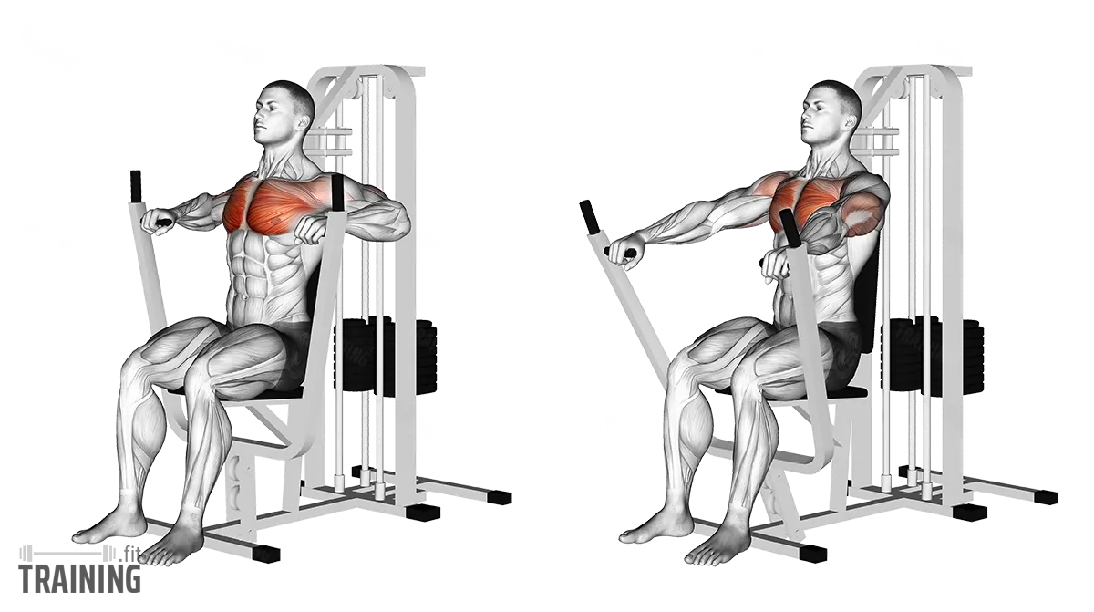 Anatomical training diagram, two frames, of a seated chest press machine. A grayscale muscle figure grips the handles and drives them forward; the pectoral muscles are highlighted in red.