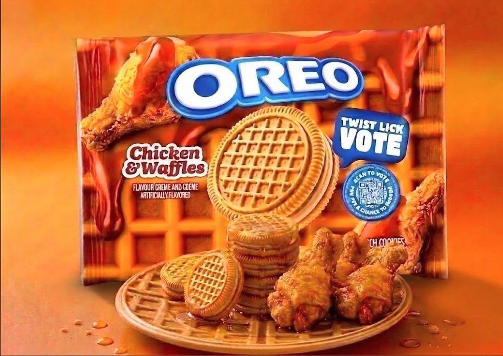 An orange Oreo Limited Edition package labeled 'Chicken & Waffles' with a 'Twist Lick Vote' badge, waffle-embossed golden sandwich cookies, and fried chicken drumsticks on a waffle plate.