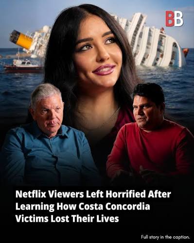 Promo art for the Costa Concordia documentary: three survivors in the foreground, with the massive white cruise ship capsized on its side in the sea behind them.