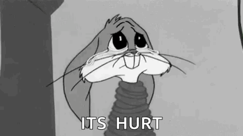 An animated Looney Tunes clip of Bugs Bunny sobbing dramatically, fat cartoon tears streaming from both eyes.