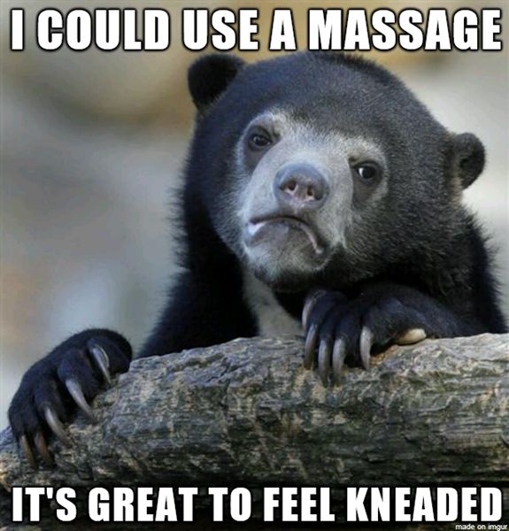 The 'Confession Bear' meme: a glum-looking sun bear resting its chin and paws on a log, with white caption text reading 'I could use a massage' across the top and 'It's great to feel kneaded' across the bottom.