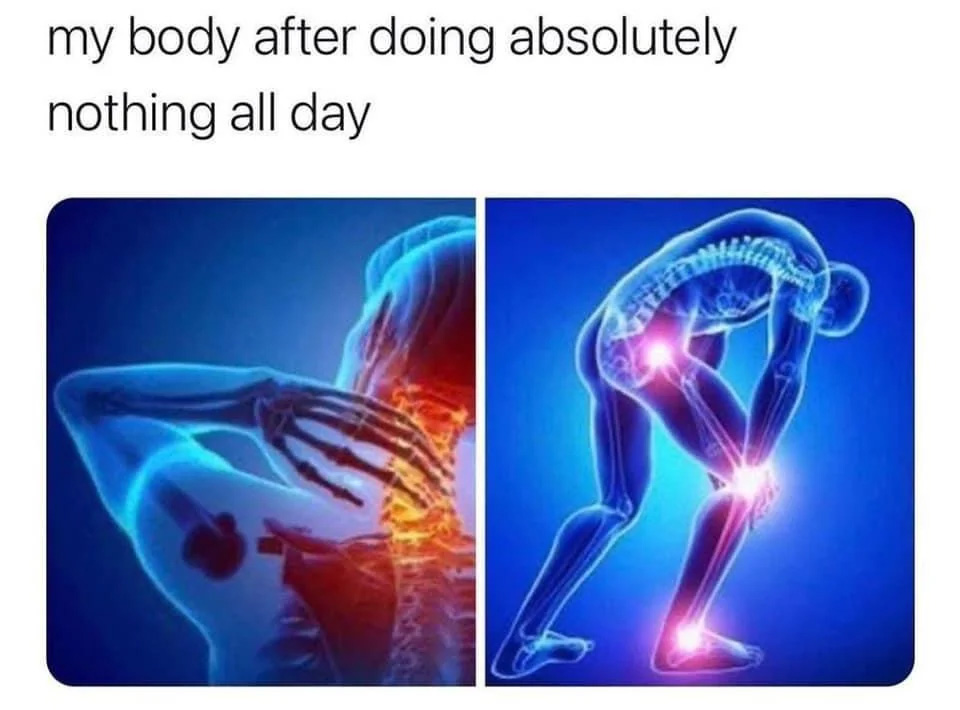 A meme captioned 'my body after doing absolutely nothing all day,' showing two blue x-ray-style illustrations of a human figure with glowing red pain points at the neck, knees, and ankle.