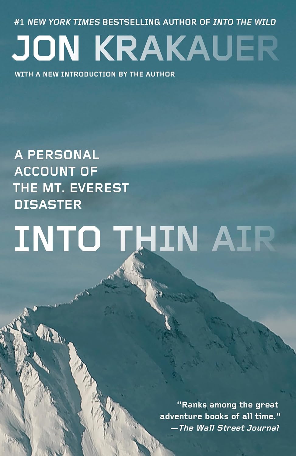 The cover of Into Thin Air by Jon Krakauer: a snow-covered Everest peak against a hazy blue-gray sky, with the subtitle 'A Personal Account of the Mt. Everest Disaster.'