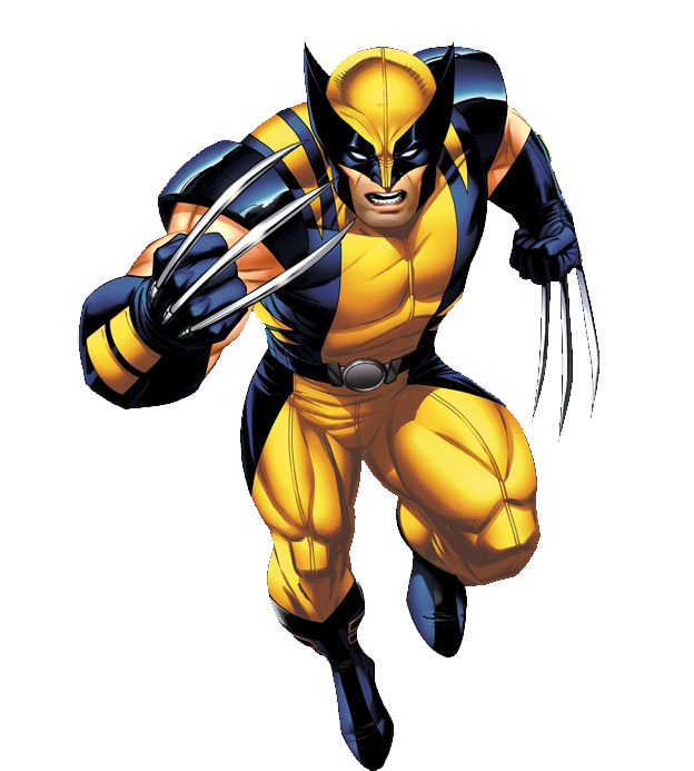 Comic-book Wolverine in his yellow-and-blue suit charging forward mid-stride, both sets of metal claws extended and teeth bared.