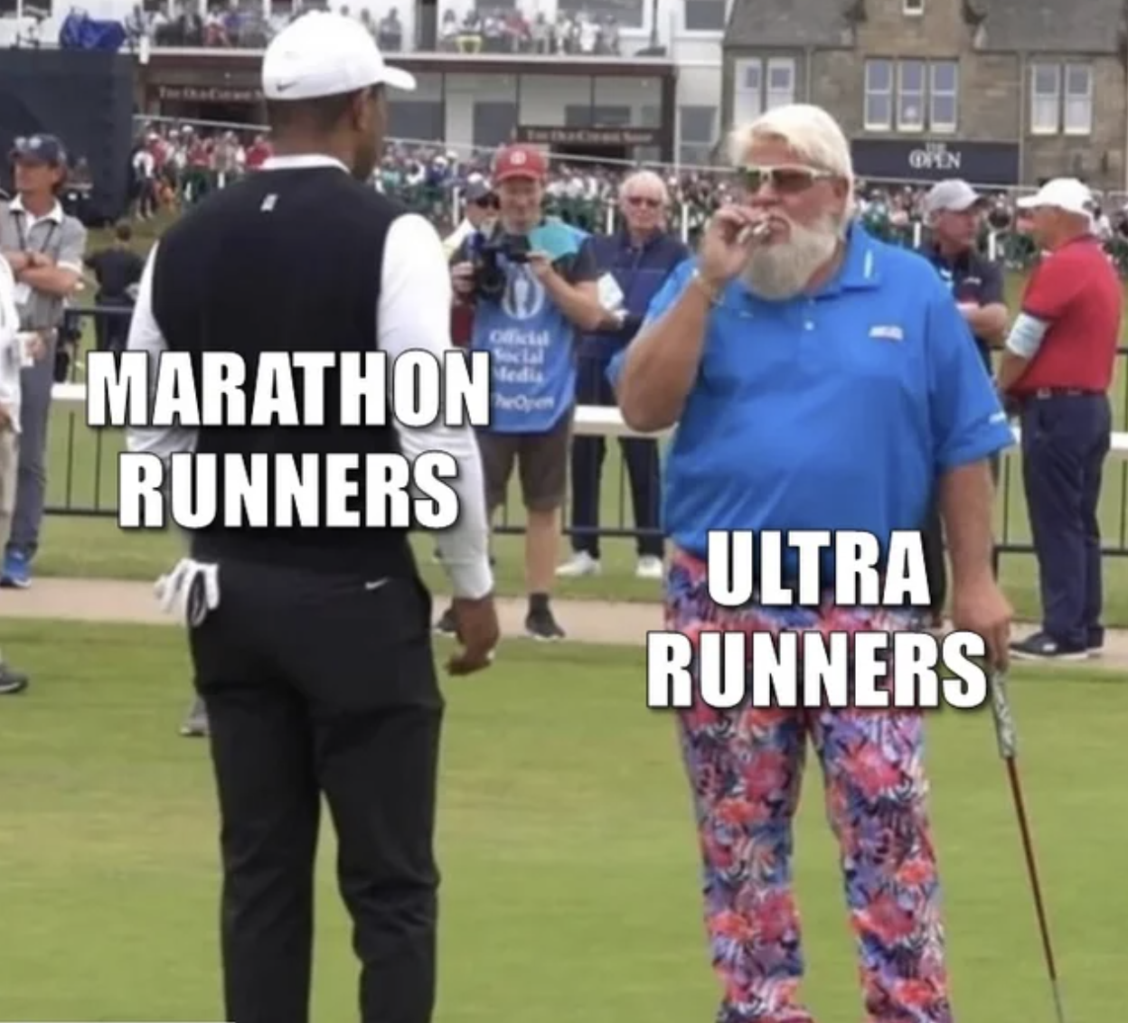 A meme of Tiger Woods and John Daly chatting at a golf tournament. Tiger, trim in a black vest, is labeled 'Marathon runners.' Daly, in a blue polo and floral pants with a cigarette, is labeled 'Ultra runners.'